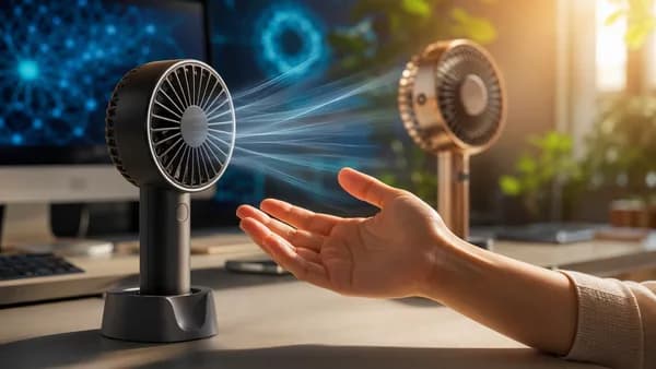 Compact handheld fan cooling a modern tech workspace in warm summer light.