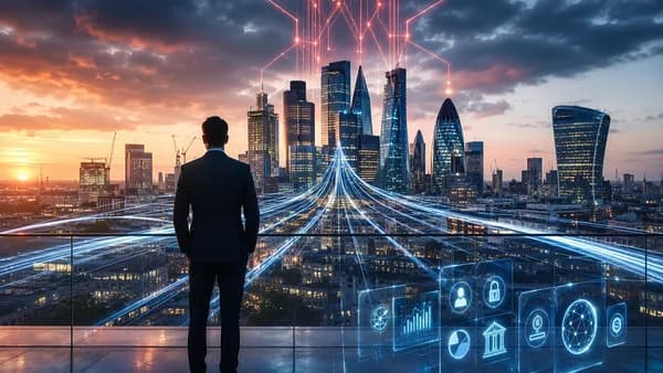 Executive silhouette overlooking London banks amid digital tax pressure and global capital flows