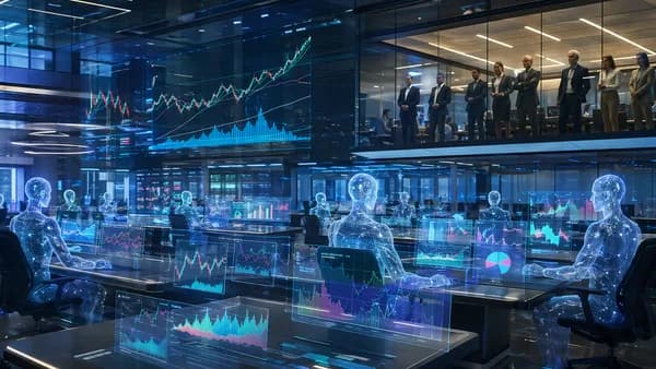 AI agents analyzing market charts on a futuristic trading floor under human oversight