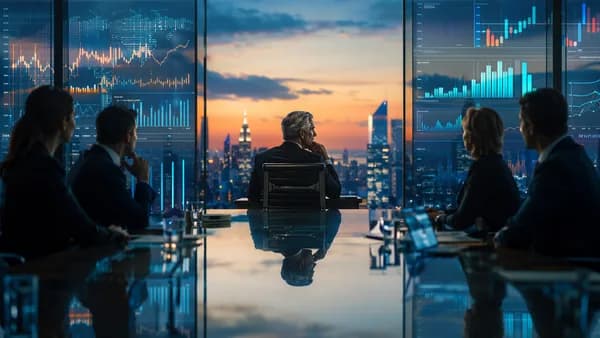 Bank boardroom scene suggesting a delayed CEO succession and investor confidence in fintech.