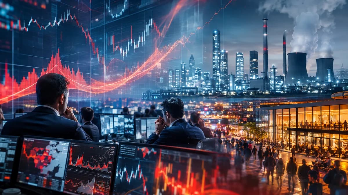 Trading floor with market charts, factory silhouette, and inflation-colored data visuals