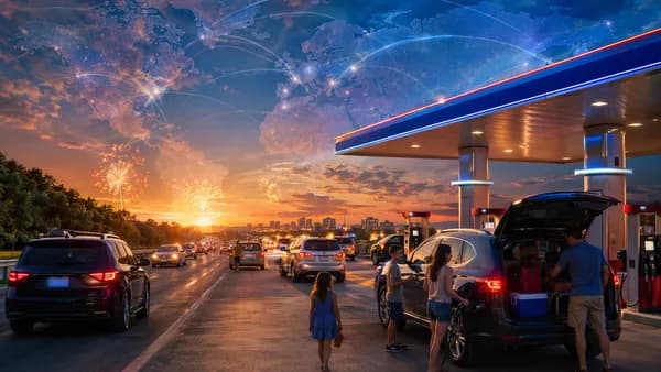 Cars refuel at a gas station as holiday traffic rises under a glowing global energy map.