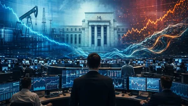 Trading floor with market charts and Fed silhouette, symbolizing cooling inflation and rate uncertainty.