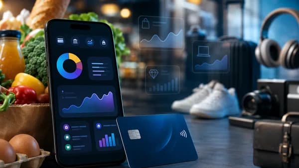 Digital banking scene showing essentials prioritized over blurred discretionary retail purchases.