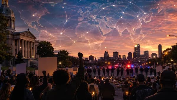 Memphis justice rally with candles, police silhouettes, and global map network in the sky