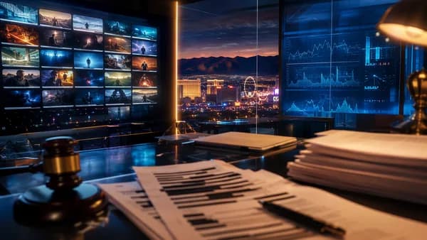 Streaming trailer dispute with legal papers, prediction market dashboard, and Nevada-inspired fintech visuals.