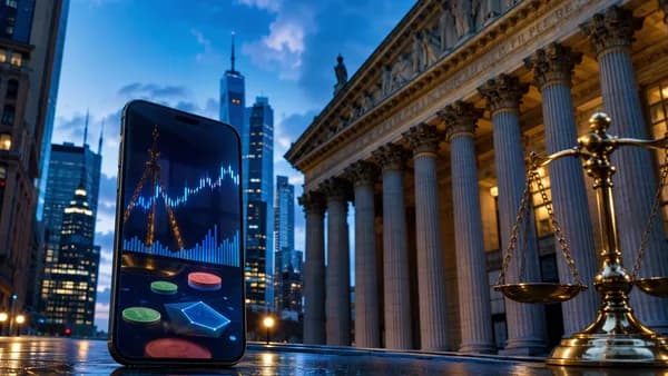 New York courthouse with abstract fintech prediction market app and legal scales
