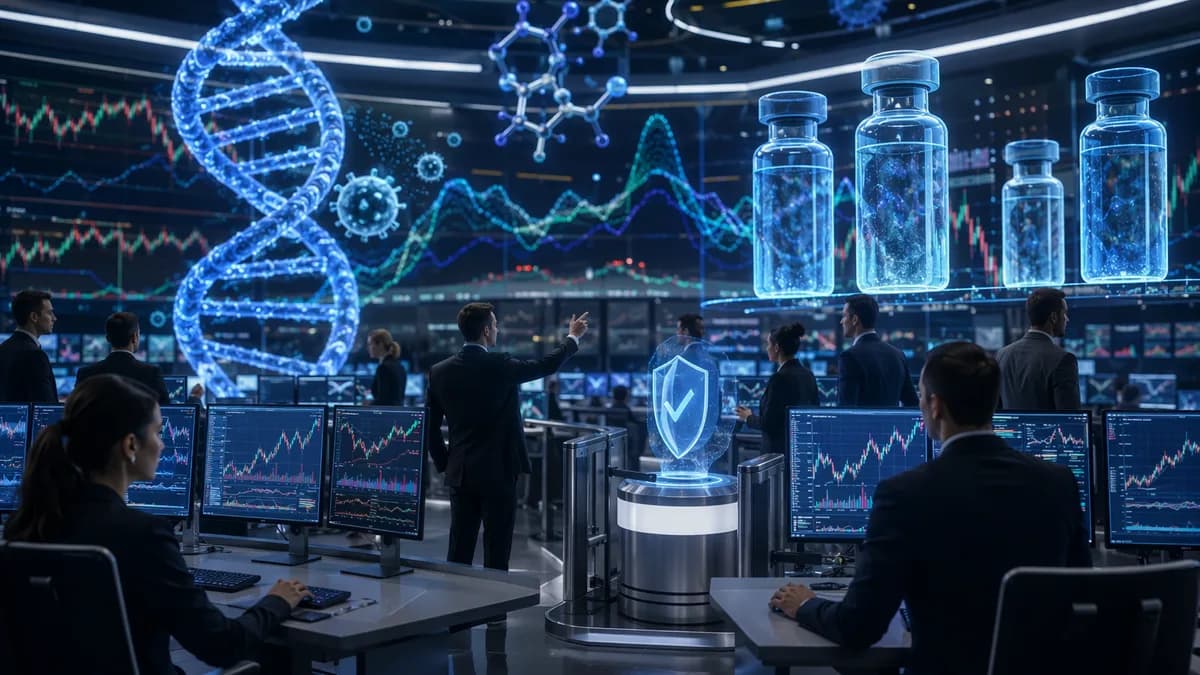 Biotech prediction market trading floor with DNA visuals, clinical vials, and market charts