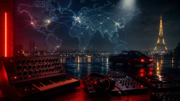 Somber global tribute scene with DJ booth, neon Paris night, world map and connections.