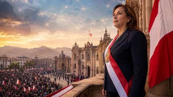 Female Peruvian president at inauguration with Lima skyline, world map overlay, and global connection lines.