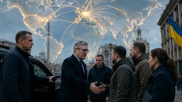 British PM figure arrives in Kyiv amid glowing global connection lines over a resilient cityscape.