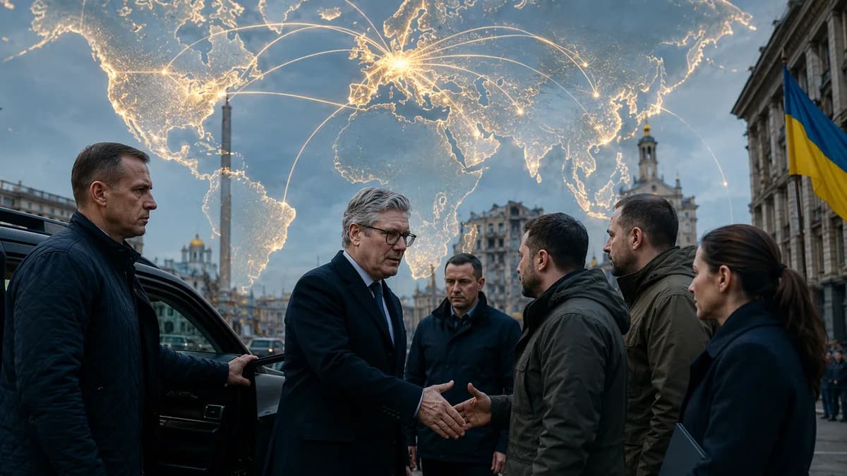British PM figure arrives in Kyiv amid glowing global connection lines over a resilient cityscape.