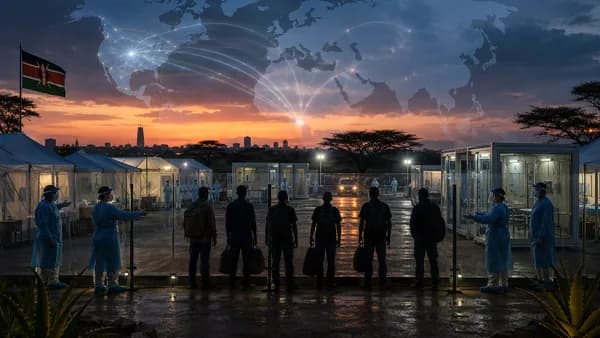 Kenya quarantine facility with aid workers, medics, and global connection map overlay