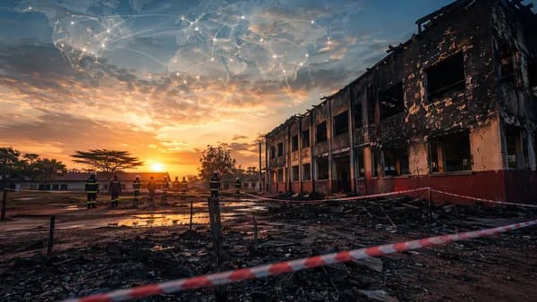 Somber Kenyan school fire aftermath with investigators and global map connections