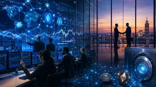 Institutional crypto trading acquisition scene with analysts, blockchain visuals, and digital asset flow.
