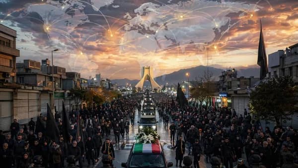 Tehran funeral procession under a world map overlay, showing tension, division and geopolitical stakes.