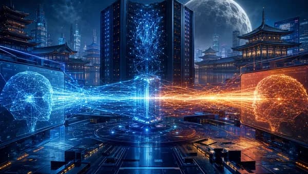 Futuristic AI hub with competing neural systems and a lunar orb, symbolizing cheaper frontier AI rivalry.