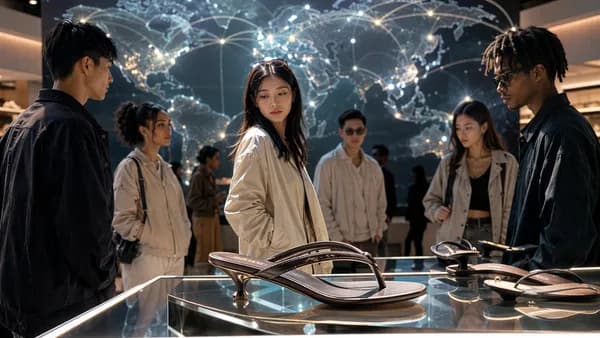 Gen Z shoppers admire kitten heel flip-flops amid an abstract global fashion trend backdrop.
