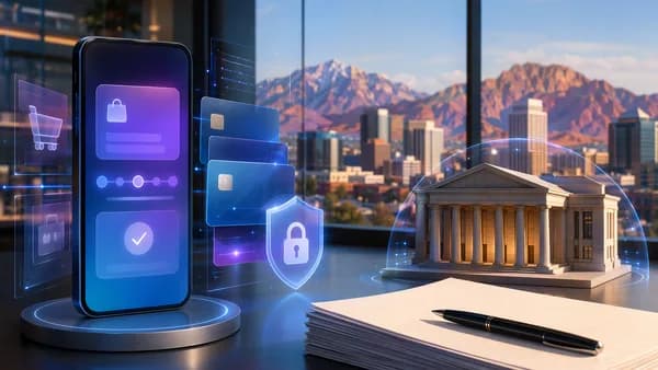 Fintech banking concept with smartphone, bank silhouette, payments, and Utah skyline.