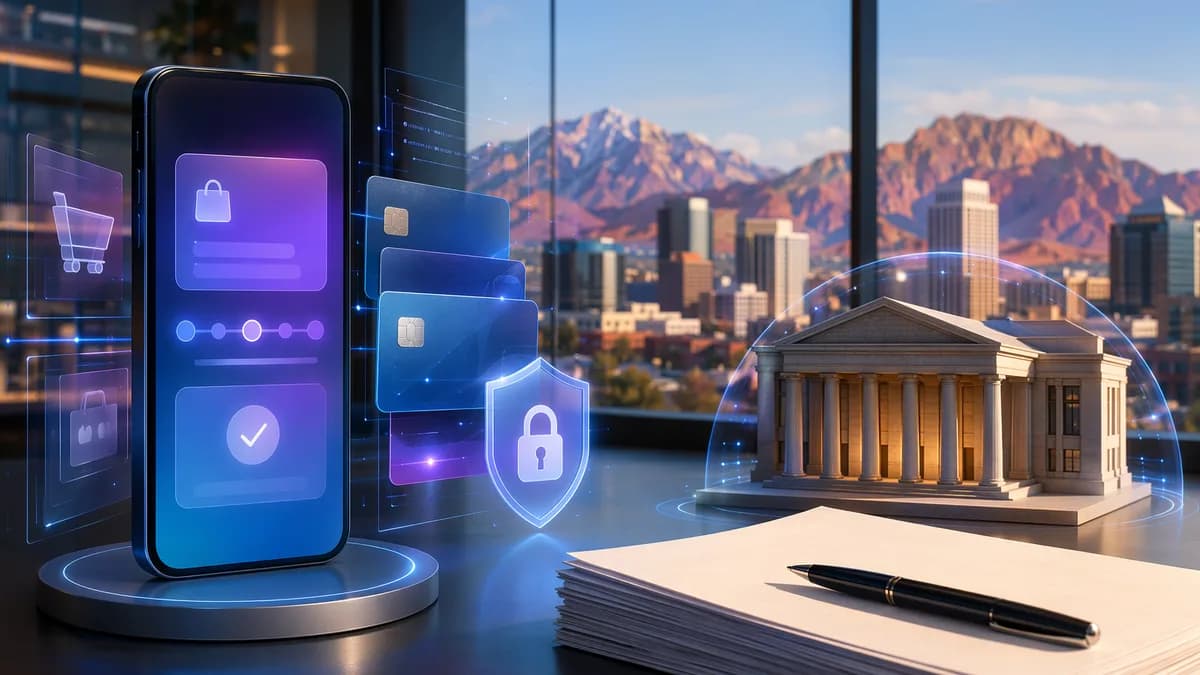 Fintech banking concept with smartphone, bank silhouette, payments, and Utah skyline.
