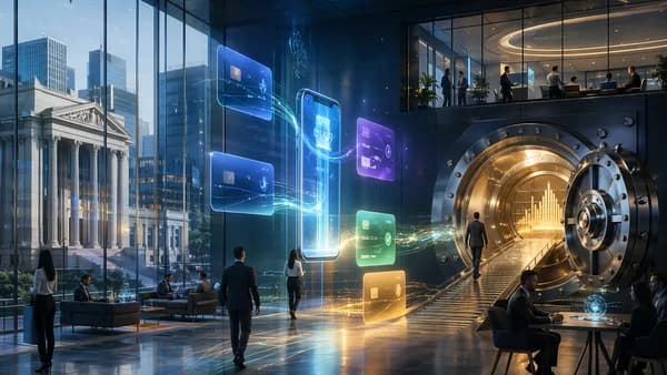 Futuristic fintech bank vault with mobile payments and deposits converging under one roof