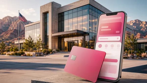 Pink fintech card and banking app before a modern Utah bank, symbolizing BNPL moving into US banking.