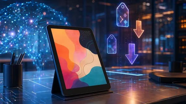 Color e-reader on a futuristic tech desk with abstract sale visuals and glowing screens.