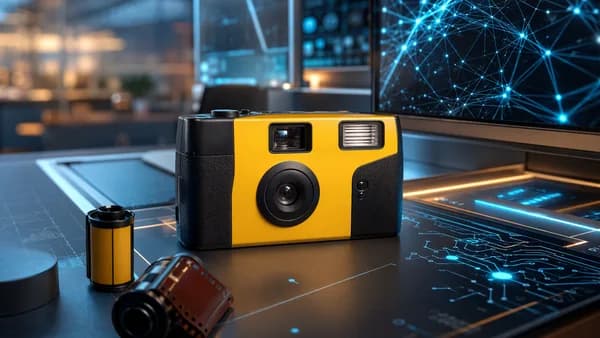 Generic low-cost 35mm point-and-shoot film camera on a futuristic tech desk with film rolls.