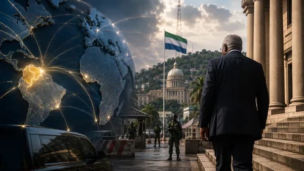 Sierra Leone highlighted on a global map with a statesman silhouette and tense government backdrop.
