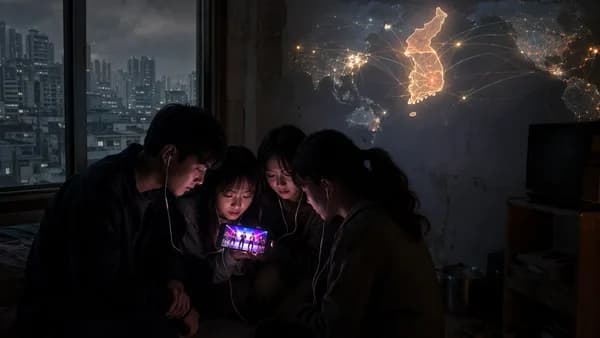 North Koreans secretly watch colorful media glow as global connections cross a dark Korean peninsula map.