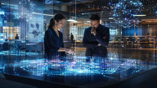 Two investors in a futuristic tech hub examine glowing AI networks and deep tech screens.