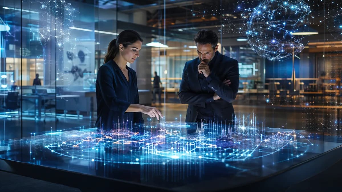 Two investors in a futuristic tech hub examine glowing AI networks and deep tech screens.