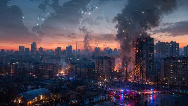 Kyiv skyline after strikes with smoke, emergency lights, and global map connections evoking NATO urgency.