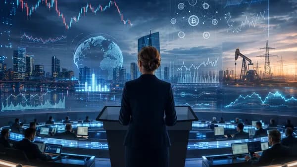 Central banker with market data screens signaling modest growth and cautious ECB rate cuts