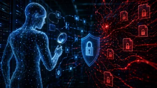 AI agent scanning dark servers as ransomware tendrils threaten locked data and security shields.