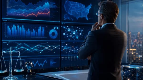 CFO in fintech command center managing legal spend and regulatory risk with abstract dashboards.