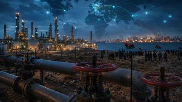 Protesters near a Libyan energy complex as pipelines and city blackout lights suggest growing grid crisis.
