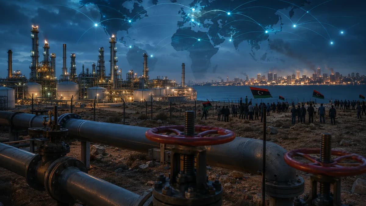 Protesters near a Libyan energy complex as pipelines and city blackout lights suggest growing grid crisis.