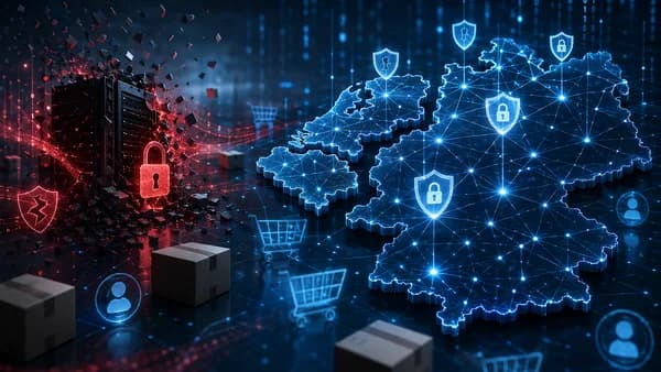 Cybersecurity breach visual with retail data, locks, shields, and European network map.