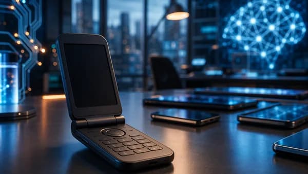 Minimalist flip phone on a futuristic tech desk, contrasting with blurred smartphones and AI network screens.