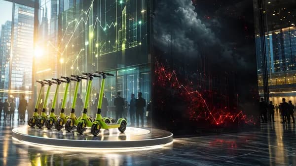 Lime-green electric scooters in a futuristic finance hub with abstract market screens and debt symbolism.