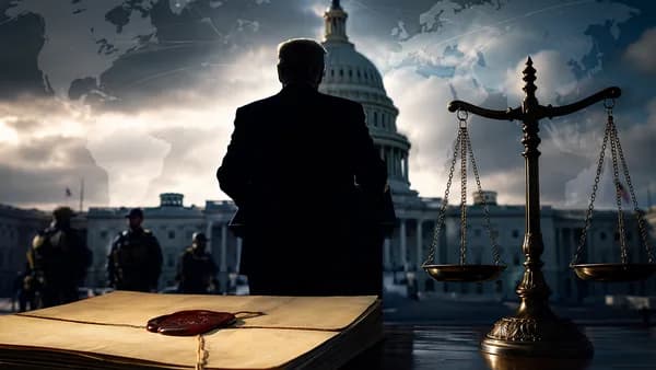 Silhouetted political briefing scene with federal agents, justice symbols, and global map connections.