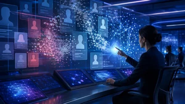 Analyst cleaning AI-generated social feed posts in a futuristic moderation workspace.