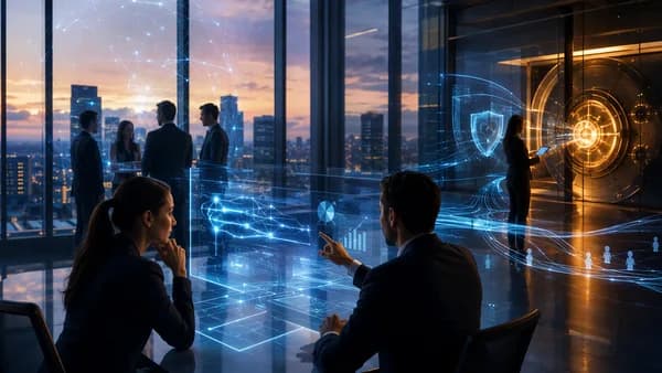AI-driven banking strategy visual with digital dashboards, cost optimization, and trust-focused finance imagery