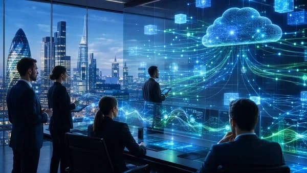 Banking command center with glowing AI networks and abstract fintech dashboards in a modern city setting.