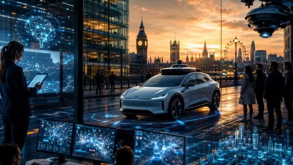 Autonomous robotaxi testing on a futuristic London street with AI network visuals and city traffic.
