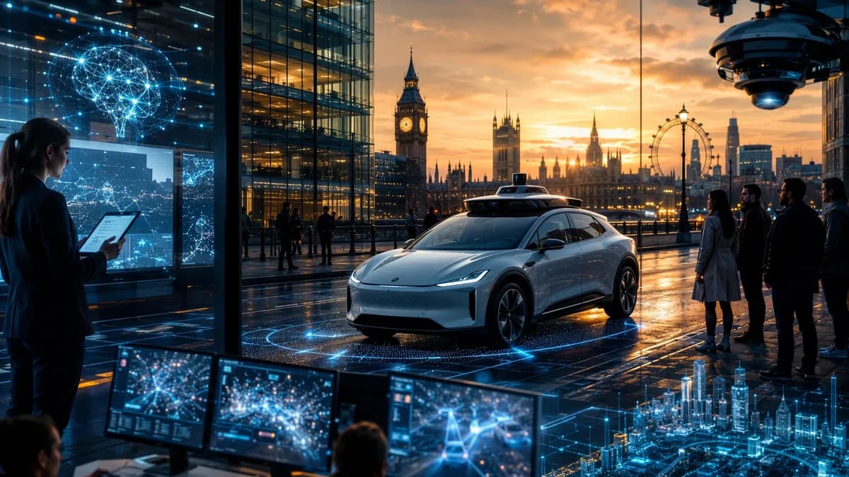 Autonomous robotaxi testing on a futuristic London street with AI network visuals and city traffic.