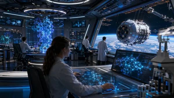 Tiny orbital biotech lab above Earth with mission control, protein holograms, and futuristic AI research systems