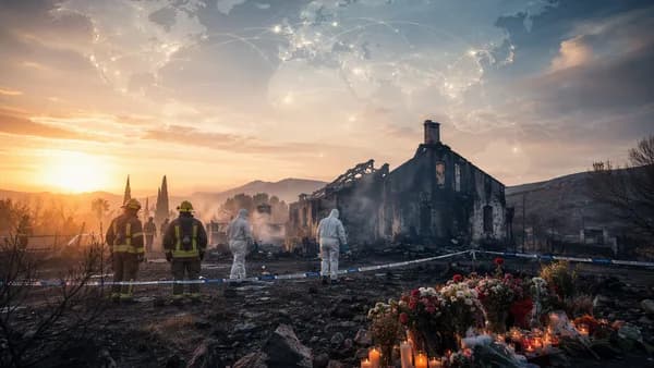 Firefighters and investigators at a charred southern Spain site with memorial candles and global map overlay.