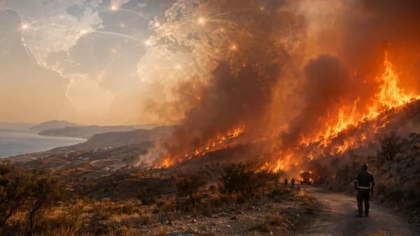 Wildfire in southern Spain under heatwave skies with global map connections symbolizing climate risk.